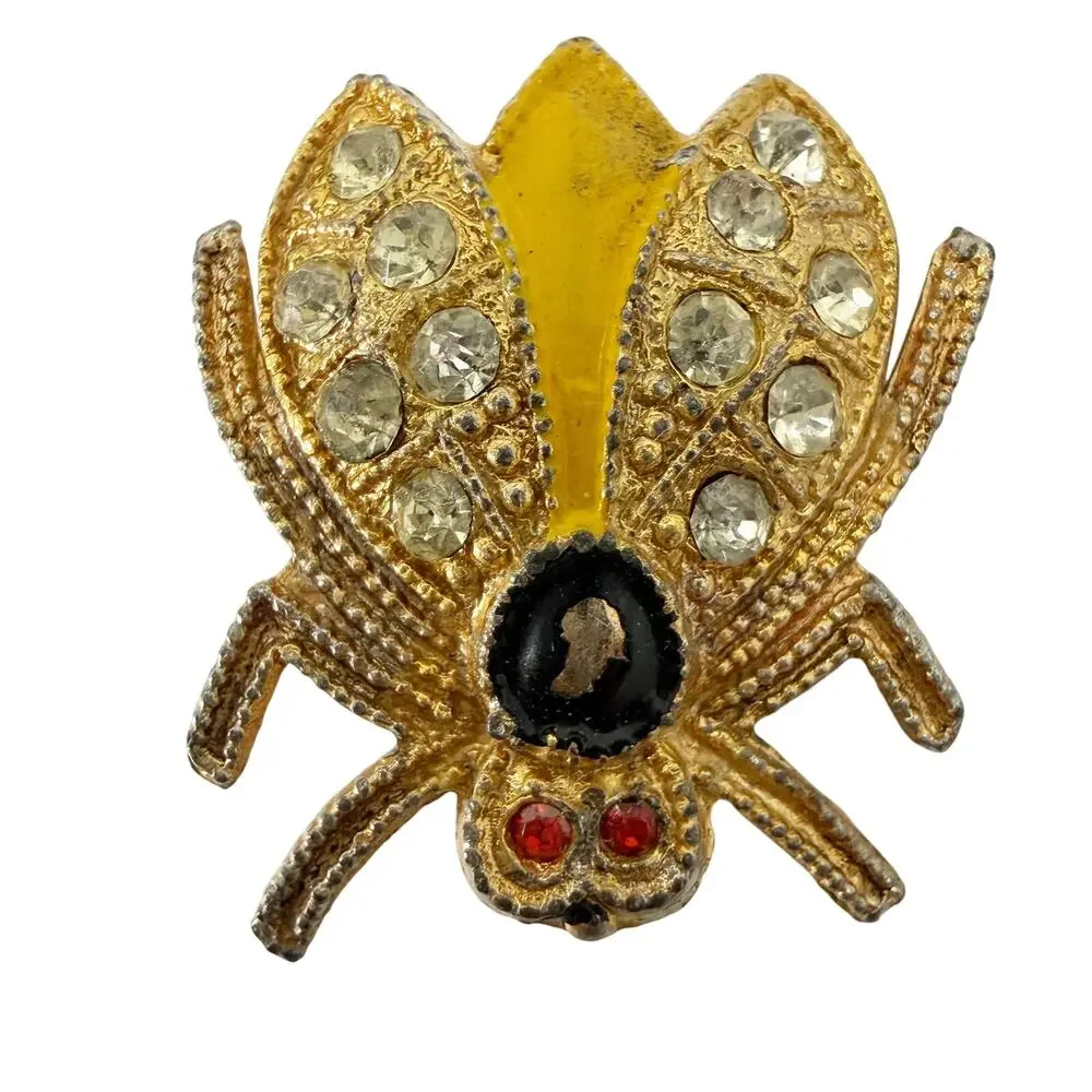 vintage gold yellow black enamel Flying Insect Brooch jewelry pin rhinestones